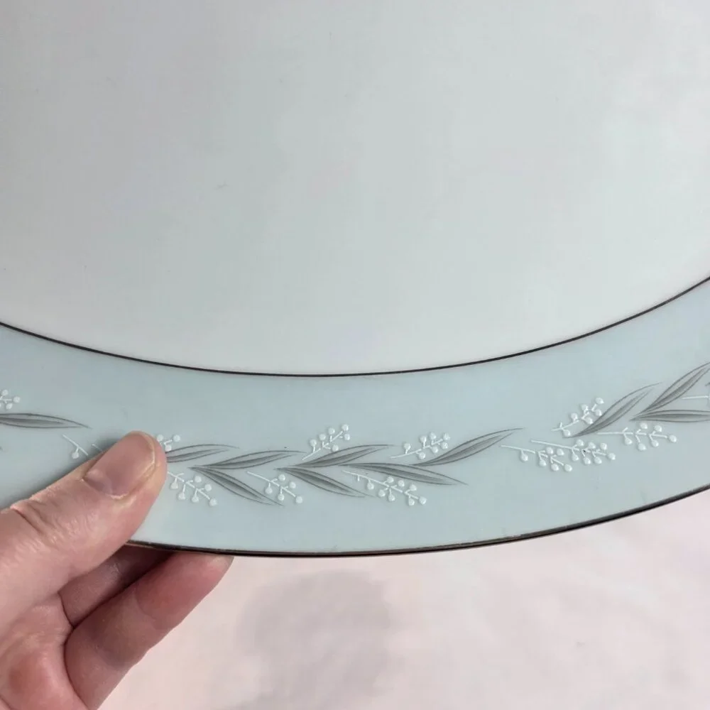 Noritake Sheldon Serving Platter 14 Inch White with Aqua Band and White Flowers